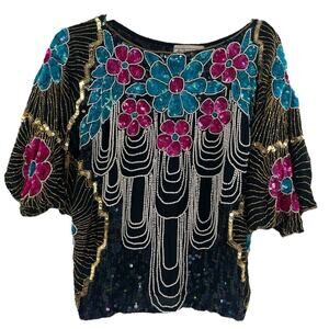 1980s Vintage Chanson D’Amour Sequined Beaded Top Silk Black Floral size Small